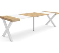 Table console extensible, 262x90x73cm, Pour 12 personnes, Pieds bois massif, Chêne et blanc