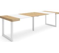Table console extensible, 262x90x73cm, Pour 12 personnes, Pieds bois massif, Chêne et blanc