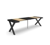 Table console extensible, 262x90x73cm, Pour 12 personnes, Pieds bois massif, Chêne et noir