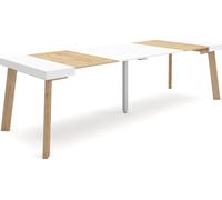 Table console extensible, 262x90x73cm, Pour 12 personnes, Pieds en bois, Chêne et blanc