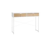 Table console industriel 2 tiroirs aspect bois de chêne sculpté motif à chevrons piètement métal blanc Blanc G