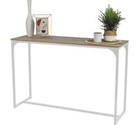 Table console industrielle de la collection PUEBLO. Couleur chêne, structure robuste en métal blanc.