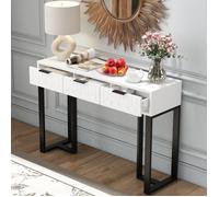 Table Console Moderne avec 3 Tiroirs, Structure Dorée, Repose-Pieds Réglables et Poignées élégantes Blanc+Noir