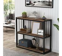 Table console rectangulaire moderne du milieu du siècle en bois massif - Étagère de rangement de sol de style américain rétro en fer forgé - Long côté étroit - Marron - 99,1 x 30,5 x 88,9 cm (L x l x