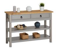 Table console TEQUILA table d'appoint style mexicain avec 1 tiroir et 2 étagères, en pin massif lasuré gris et brun