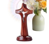 Table Cross, Wooden Crucifix Statue Decor, Standing Jesus Sculpture, Religious Ornament with Polished and Carved Details, Decoration for Home Church Desk Living Room Bedroom Shelf Housewarming