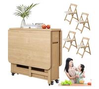 Table Cuisine Petit Espace Robuste en Bois avec 4 Chaises, Table Extensible sur roulettes Verrouillables avec Rangement, Résistante Et Pratique pour Usage Quotidien