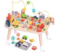 Table d’activités pour bébé de 1 an, table sensorielle en bois avec labyrinthe de perles, formes à trier et circuit de train, jouet Montessori ferme, jouet éducatif pour enfants de 12 mois (Voiture)