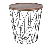 Table d’appoint design constituée d’un panier en métal avec couvercle en bois, table basse avec panier de rangement