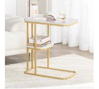 Table d’Appoint Moderne Effet Marbre avec Structure Métal Doré, Bout de Canapé Table Basse ou Chevet avec 2 Étagères 50x30x58 cm