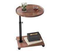 Table d’Appoint Ronde En c Sur Roulettes, Hauteur Réglable 45-80 cm | plateau pivotant 360°, cadre métallique et plateau MDF, table mobile gain de place pour canapé, salon, chambre et bureau