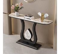 Table d’entrée contemporaine avec plateau en pierre frittée, console étroite et longue avec cadre métallique en forme de goutte d’eau, base géométrique, pour entrée ou hall(Brown black,120cm)