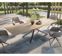 Table d’extérieur Edge 300x100 cm céramique Laminam® Sabbia couleur chêne piètement croisé rectangulaire en acier inoxydable