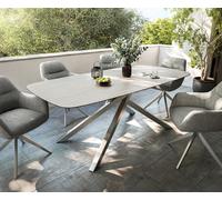 Table d’extérieur Edge Boot 200x100 cm céramique Laminam® Travertino Bianco blanc crème piètement croisé rectangulaire en acier inoxydable