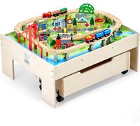 Table d'activités en bois VEVOR, 100 pièces, table de chemin de fer avec tiroir roulant, ensemble de chemin de fer en bois 3 en 1 pour jouer, peindre, lire, manger, ensemble de jouets créatifs pour en