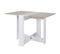 Table d'appoint avec ailes pliantes, Table à Manger Pliante Mobile sur roulettes avec 2 étagères intégrées -Table Pliante avec 2 Abattants, en Panneaux de Particules Melaminés-couleur blanc + chêne