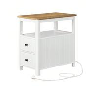 Table D'appoint Avec Multiprise, Petite Table Basse Avec Étagère De Rangement, Marron Chêne Et Blanc