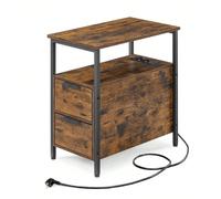 Table d'appoint avec multiprise, Petite Table Fine avec 2 Tiroirs, Table de chevet avec rangement, Marron Rustique et Noir Classique Marron