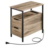 Table d'appoint avec multiprise, Petite Table Fine avec 2 Tiroirs, Table de chevet avec rangement, pour salon, Chambre, Marron Camel et Noir d'encre Marron