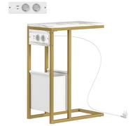Table D'appoint Avec Station De Charge Secteur + Usb - Panier Tissu Intégré - Acier Doré Effet Marbre Blanc Blanc