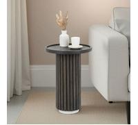 Table d'appoint BEJA 53 cm Ronde, En Bois Massif Brun avec Socle en Marbre Blanc, Bout de Canapé pour Salon Design Cannelé