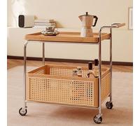Table d'appoint en bois massif du milieu du siècle avec panier de rangement en osier, roulettes pivotantes à 360°, chariot mobile multicouche pour salon, cuisine et chambre à coucher, 71,1 cm
