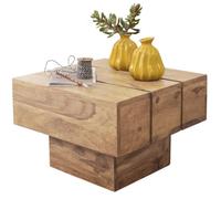 FineBuy Table d'Appoint Cube 44x44x30 cm Bois Massif Acacia, Plat | table basse au style campagne, table de salon en bois véritable, fait main, chaque pièce est unique