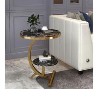 Table d'appoint en marbre - Table basse ronde moderne à 2 étages avec cadre en métal pour salon, chambre à coucher et petits espaces