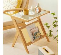 Table d'appoint en rotin en forme de Z avec porte-revues pour canapé, table de chevet bohème en bambou, plateau en verre pour petit espace, salon, chambre à coucher