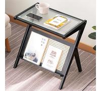 Table d'appoint en rotin, table d'appoint en forme de Z avec porte-revues, table de chevet en bambou avec plateau en verre pour petit espace, salon et chambre à coucher