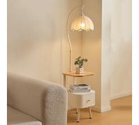 Table D'appoint Et Lampadaire Combinés, Table D'appoint avec Lumière Réglable À 3 Couleurs, Abat-Jour en Coton Et Lin, De Chevet Simple avec Tiroirs pour Salon(White)