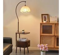 Table D'appoint Et Lampadaire Combinés, Table D'appoint avec Lumière Réglable À 3 Couleurs, Abat-Jour en Coton Et Lin, De Chevet Simple avec Tiroirs pour Salon(Brown)