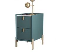 Table d'appoint étroite moderne du milieu du siècle, table de nuit minimaliste vert foncé avec 2 tiroirs de rangement, dessus en pierre frittée pour petits espaces, 35 x 35 x 55 cm