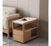 Table D'appoint Étroite Sur Roulettes pour Canapé, Structure en Chêne et Plateau en Dalle de Pierre, 2 Tiroirs et Étagère Ouverte, pour Salon, Chambre et Bureau(Natural wood color,45cm/17.7in)