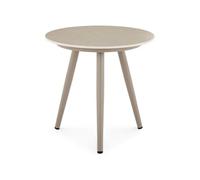Table d’appoint extérieur ROSALIA ronde en pierre frittée coloris champagne diamètre 45 cm pour balcon terrasse ou jardin surface résistante facile d'entretien pieds en aluminium design moderne