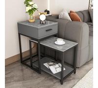 Table d'appoint gigogne en pierre avec tiroir et étagère, table d'appoint à 3 niveaux pour petits espaces et chambres à coucher