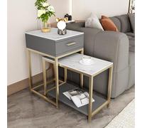 Table d'appoint gigogne en pierre avec tiroir et étagère, table d'appoint à 3 niveaux pour petits espaces et chambres à coucher