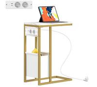Table D'appoint Avec Station De Charge Secteur + Usb - Panier Tissu Intégré - Acier Doré Effet Marbre Blanc Blanc
