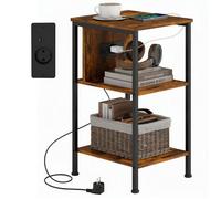 HOMCOM Table d'appoint avec Station de Charge 34 x 30 x 58 cm Brun Rustique | Bout de Canapé Étroit, 2 Étagères Ouvertes, Style Industriel, Table Basse, Salon, Chambre