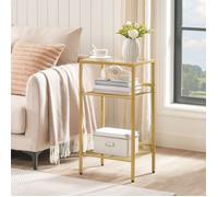 Table d'Appoint - HOOBRO - 3 Niveaux - Plateau en Verre Trempé - Étagères en Maille - Dorée