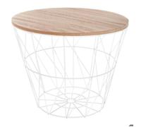 Atmosphera - Table d'Appoint Panier Kumi, Blanche et Bois, D. 38 cm, Métal Filaire, Plateau Amovible - pour Salon, Chambre, Bout de Canapé