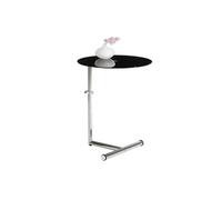 Table d'appoint LEONIE bout de canapé rond table à café table basse hauteur réglable, en métal chromé et verre trempé noir