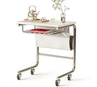 Table d'appoint Mobile Industrielle en Forme de C, Chariot de Bureau à roulettes pour Ordinateur Portable avec Structure métallique, Bureau de Chevet Portable pour Salon(White+,55x35cm)