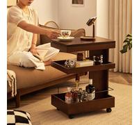 Table d'appoint moderne à 3 niveaux, table de nuit étroite avec tiroir de rangement et étagère, petite table pour canapé et fauteuil inclinable, finition noyer pour salon et chambre à coucher