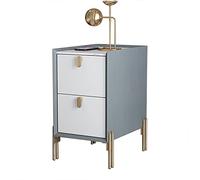 Table d'appoint moderne du milieu du siècle avec 2 tiroirs, design minimaliste en pierre frittée pour les petits espaces, gris bleu et blanc pur, 40 x 35 x 55 cm