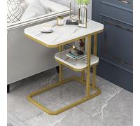 Table d'appoint moderne en forme de C, structure métallique fine, idéale pour les canapés et les petits espaces. Gain de place assuré. Plateau polyvalent pour les collations et la télévision