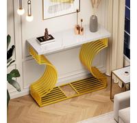 Table d'appoint moderne Merax 100×30×80 cm, table console blanc brillant avec socle doré, petite table basse, entrée et salon