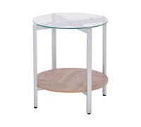 Table d'Appoint Moderne Plateau Rond en Verre Trempé et Étagère Bois Clair