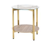 Table d'Appoint Moderne Plateau Rond en Verre Trempé et Étagère Bois Clair