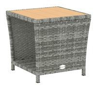 Table d'appoint Outsunny à 2 niveaux en rotin PE avec étagère de rangement, table basse d'extérieur carrée avec plateau en lattes de bois PS, résistante aux UV pour terrasse, jardin, balcon, gris